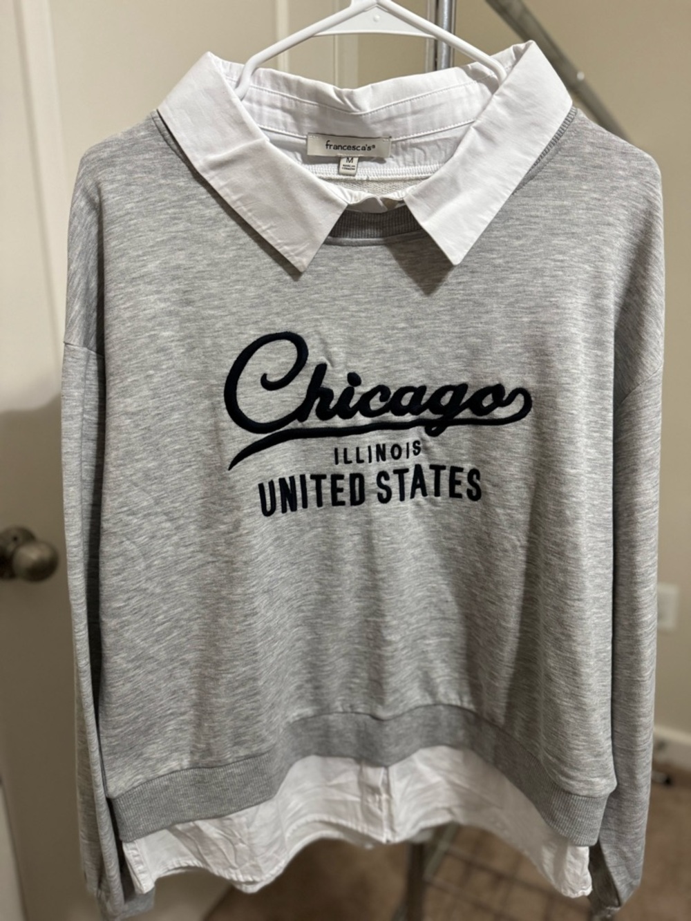Francesca's Gray Layered 'Chicago' Crewneck Sweater with White Shirt Detail